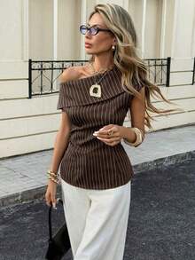 Blusa de hombro único elegante de verano con contraste de ribete, 100% algodón, color albaricoque, para mujer.Blusa ajustada con cuello plegado, estilo retro y elegante para la oficina.Cómoda y transpirable para eventos sociales. - Café integral - Ver 4