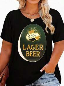 Camiseta Gráfica de Cerveza Mosi Lager para Mujer, Top Casual de Algodón de Manga Corta, Camiseta de Moda de Temporada con Cuello Redondo, Camiseta Minimalista con Estampado de Anime/Slogan/Banda, Tejido Cómodo de Elasticidad Media, Lavable a Máquina - Versátil para Uso Diario, Deportivo o Ocasiones Especiales - Negro - Ver 6