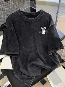 Manfinity Hypemode Men's Cartoon Rabbit Print Washed Cotton T-Shirt Premium Washable Cotton Fabric - 黑色 - 查看 6