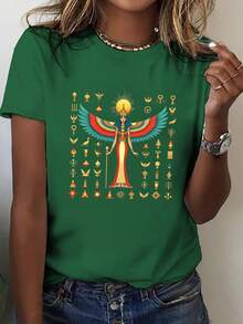 Talla grande - talla extra grande - camiseta de mujer, hecha de algodón puro, tela ligera y transpirable, diseño de cuello redondo, diseño estampado, corte de manga corta, adecuada para primavera y verano. - Verde - Ver 1