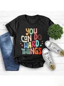Camiseta de Maestro "Puedes Hacer Cosas Difíciles" - Ropa para Maestros y Consejeros de Educación Especial, Regalo Motivacional para Educación Especial, Camiseta Cómoda de Cuello Redondo Adecuada para Mujeres, Ropa Casual para Eventos de Agradecimiento a Maestros y Uso Diario - Negro - Ver 1
