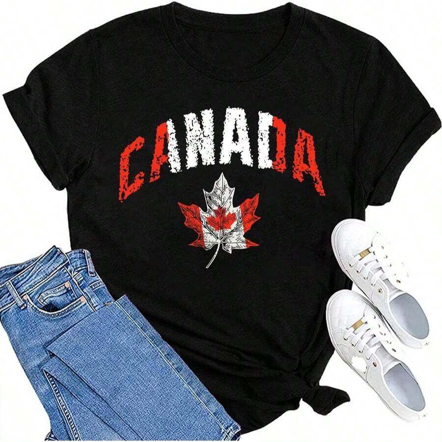 Women's Casual Cotton T-Shirt With Canadian Flag And Heart Print, Short Sleeve, Round Neck, Drop Shoulder, Cute Summer Garment With Slightly Stretchy Fabric - 黑色 2 - 查看 1