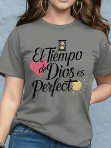 Women's Graphic Print T-Shirt Blouse, Casual Style, Love Print, Couples, Heart, February, Regular Fit, Soft Material, Crew Neck, Short Sleeves, Everyday Wear, Day Or Night, Street Style, Home, Comfortable, Cool, Lightweight, Modern, Youthful, Urban Aesthetic, Spring, Summer, Beach, Heat, Y2K, Feminine, Religious Phrase, God's Timing Is Perfect, Christian Lettering, Heart - 灰色帶黑色 - 查看 4