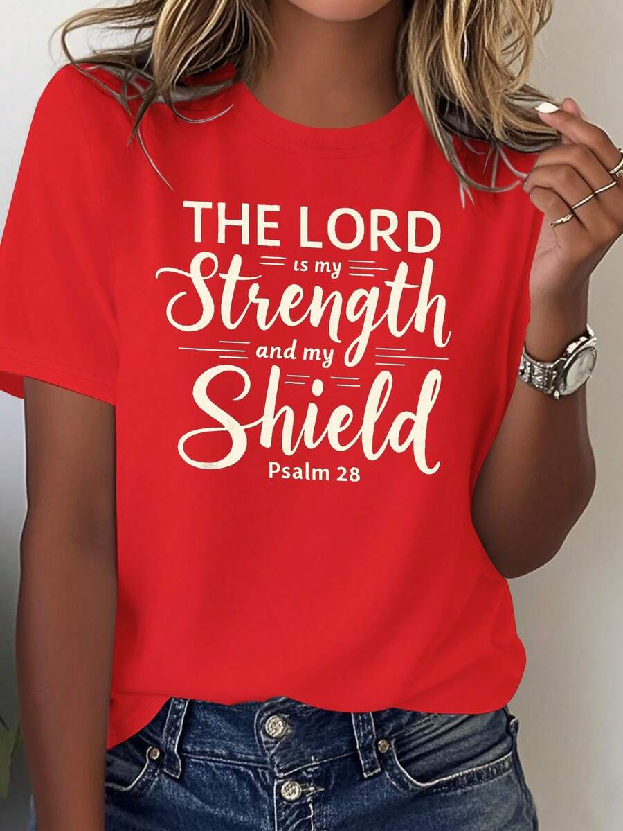 Women's Christian Faith T-Shirt, Printed With Psalm 28:7 – "The LORD Is My Strength, My Shield" – Black With Gold Lettering – Soft Pure Cotton For Everyday And Church Wear – Suitable Bible Verse Clothing Gift For Women – Geometric Pattern Design – Machine Washable – Comfortable For All Seasons – Loose Fit – Inspirational Decorative Print – Essential And Versatile Casual Blouse For Women's Wardrobe. - 紅色 - 查看 1