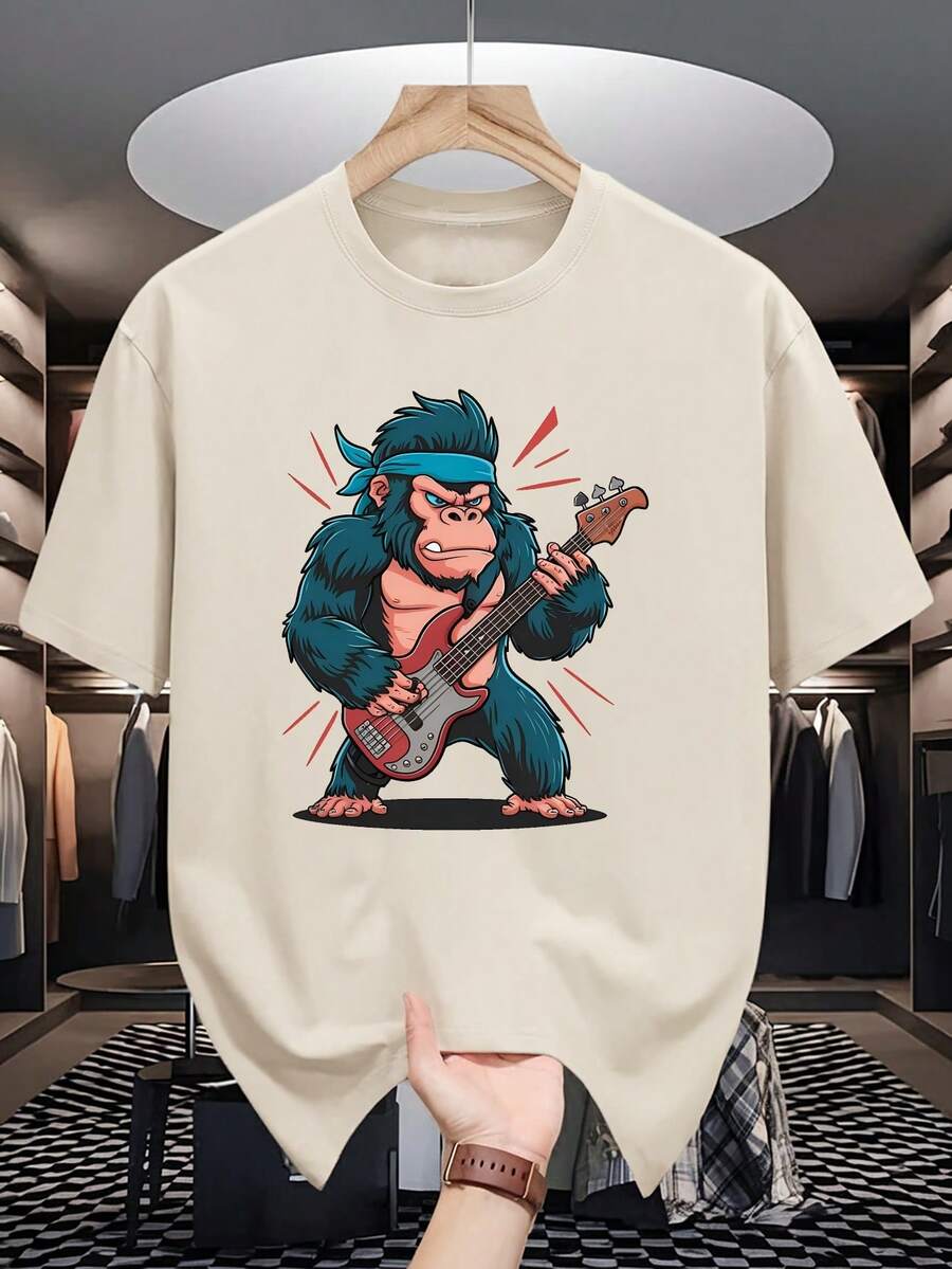 1006 Men's Summer Short Sleeve T-Shirts With Orangutan Playing Guitar Print, Fashionable Printed T-Shirts For Men, Versatile Casual Crew Neck T-Shirts For Spring And Summer Male Teenagers. - 杏色 - 查看 1
