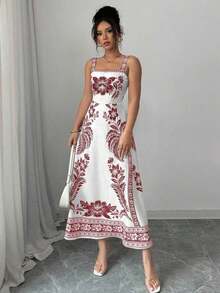 Vestido de tirantes de verano para mujer con estampado posicional y corte evasé - Burdeos - Ver 5