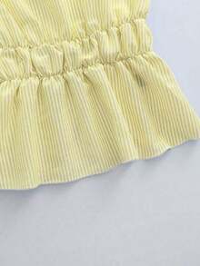 Nuevo conjunto de 2 piezas de mujer con top halter con lazos y shorts a rayas con espalda descubierta, adecuado para vacaciones de verano - Amarillo - Ver 4