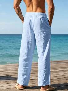 Pantalones largos casuales sueltos de lino tejido liso para hombres, adecuados para primavera/otoño y verano - verde hierba - Ver 4