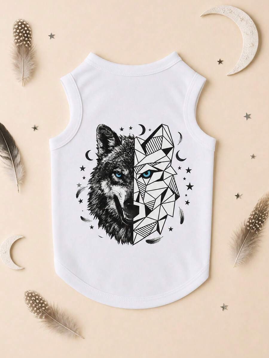 LUCKIE PAW 1pc Wolf Portrait Pattern Pet Vest, Physical Flea Prevention, Reduces Shedding, Insulated And Breathable Dog Vest, Suitable For Large And Small Dogs And Cats, Indoor And Outdoor Use - White - View 1