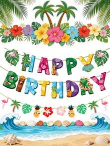 3 sets - Guirlande d'anniversaire de style hawaïen, bannière Joyeux Anniversaire avec flamant rose, feuille de palmier et éléments Aloha, style de fête d'été tropicale. Convient pour la décoration d'anniversaire à thème hawaïen, la célébration d'été à la plage et la décoration suspendue de fête intérieure/extérieure - A - Voir 2