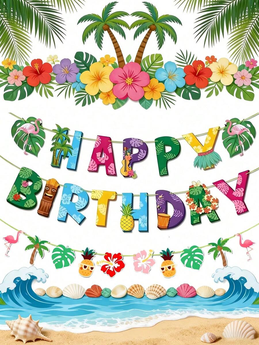 3 sets - Guirlande d'anniversaire de style hawaïen, bannière Joyeux Anniversaire avec flamant rose, feuille de palmier et éléments Aloha, style de fête d'été tropicale. Convient pour la décoration d'anniversaire à thème hawaïen, la célébration d'été à la plage et la décoration suspendue de fête intérieure/extérieure