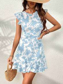 VCAY Vestido con estampado floral ribete con fruncido - Celeste - Ver 7