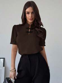 Nueva camisa elegante y romántica de botones con mangas abullonadas y contraste de colores para mujer, para primavera/verano - Café integral - Ver 7