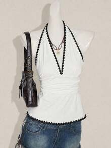 Women's Strapless Top With Deep V-Neck, Draped Back, And Polka Dot Print - Multicolor 2 - View 8
