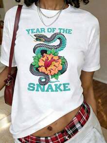 Camiseta con Estampado Floral del Zodíaco del Año de la Serpiente, Manga Corta, Cuello Redondo, Top Casual para Verano y Primavera, Ropa de Tallas Grandes para Mujer - Blanco - Ver 7