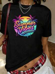 Camiseta con Estampado de Palmeras y Atardecer Tropical, Estilo Veraniego, Manga Corta, Cuello Redondo, Informal, para Verano y Primavera, Ropa de Tallas Grandes para Mujer - Negro - Ver 7