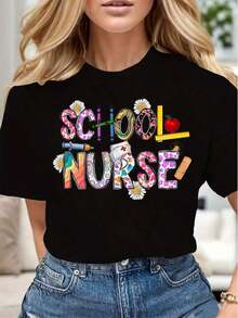 Women's Casual T-Shirt With School Nurse Print, Soft And Comfortable, Gift For Nurses Day, Back To School, Teacher Appreciation - 黑色 - 查看 1