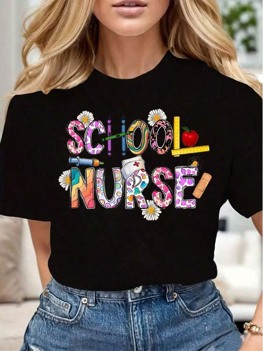 Women's Casual T-Shirt With School Nurse Print, Soft And Comfortable, Gift For Nurses Day, Back To School, Teacher Appreciation - 黑色 - 查看 1