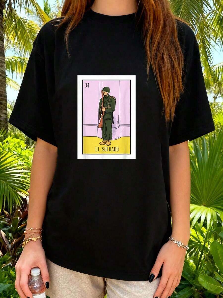 Cool vibe Camiseta de la lotería mexicana El Soldado, regalo de la tarjeta del soldado, camiseta gráfica para mujeres, tops cortos, conjuntos, tops, camiseta Q1AR style - Negro - Ver 1