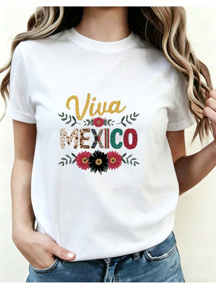 Women's Casual Blouse With "Viva Mexico" Letter Print, Short Sleeves And Round Neck, Casual Summer And Spring Clothing For Women 01, Casual Short Sleeve Round Neck Blouse For All Seasons, Cotton Shirts For Women. - 白色 - 查看 1