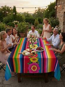 1/2pcs Tablecloth, Colorful Striped Floral Pattern Tablecloth, Polyester Material, Suitable For Kitchen, Dining Room, Coffee Table, Picnic, Camping, Countryside, Square Or Round Shape, Multi-Scene Table Protection And Decoration, Festival Atmosphere Embellishment, Exquisite Design - Multicolor - View 2