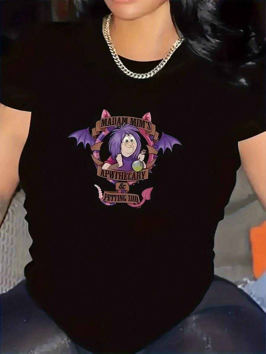 Camiseta Casual de Manga Corta Wo'S |   Alta elasticidad, lavable a máquina, camiseta de cuello redondo, diseño de murciélago de dibujos animados con detalles en morado y rosa, corte en forma de H, adecuada para primavera, otoño y verano. | Diseño exquisito |   Suelto y cómodo |   Fácil de combinar | - Negro - Ver 1