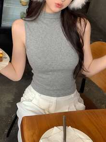 Áo tank top ôm sát không tay cổ cao màu xám American Sexy Lady, áo hai dây co giãn ôm dáng cho mùa hè - Xám - Xem 7