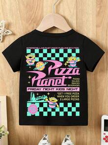 Summer Kids' "Toy Story" Pizza Planet Alien T-Shirt - Boys' Double-Sided Print Short-Sleeve Top, Retro Disney Casual Pure Cotton Shirt - Black - View 3