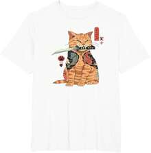 Alexamerch Cats Japanese T-Shirt With Kawaii Tattoo Graphic, Samurai Cat, For Kids, Anime Fans, Casual Wear Lovers, Unisex, Black, Size S, Short Sleeve, Classic Fit, Cotton, Polyester - 白色的 - 查看 4