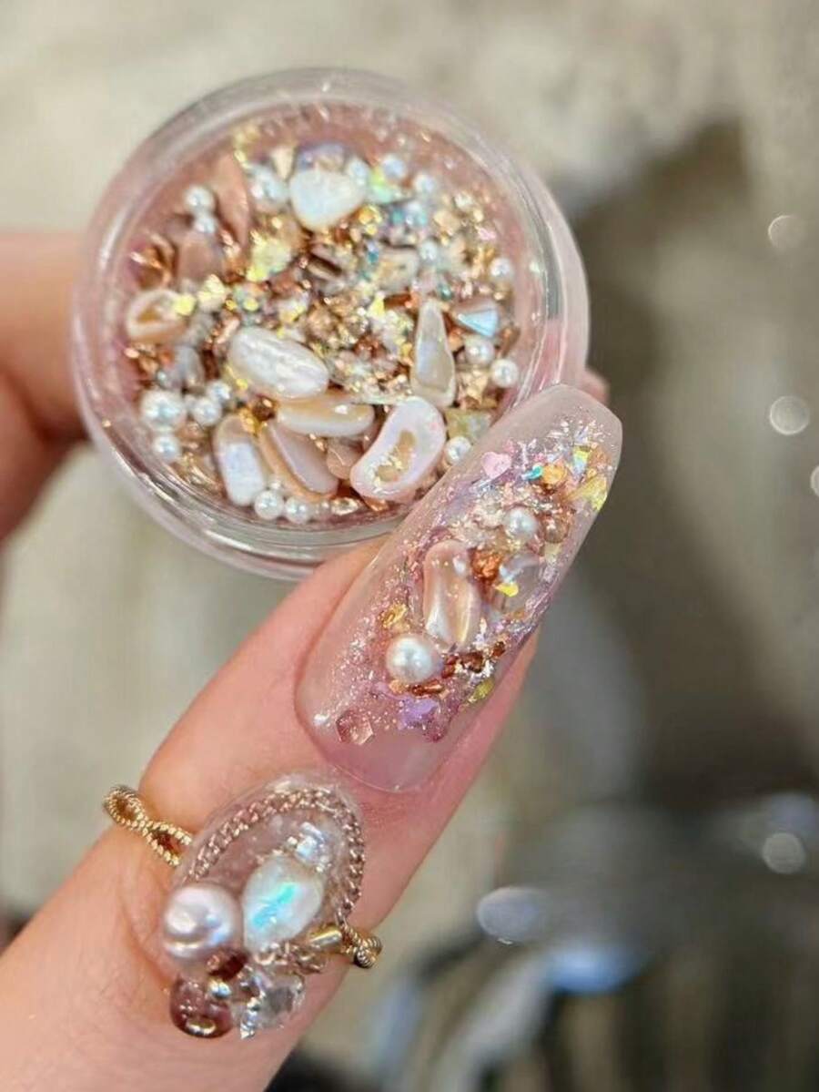 1盒珍珠奶茶主题美甲装饰套装 | 柔和裸色调奢华DIY配件,包含天然贝壳碎屑、极光闪粉和珍珠,轻松打造闪亮贝壳美甲,尽显优雅奶茶风情,适合初学者 - 彩色 - 查看 1
