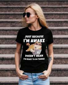 Camiseta estampada para mujer, con diseño de gato de dibujos animados y texto divertido, camiseta de algodón para niñas con mangas cortas y cuello redondo, top casual de verano para fitness. - Negro - Ver 8