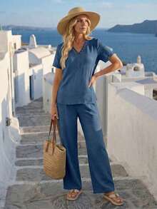 Faunlyn Conjunto de 2 piezas de camisa y pantalones de unicolor casual de vacaciones para mujer - Azul lavado medio - Ver 3