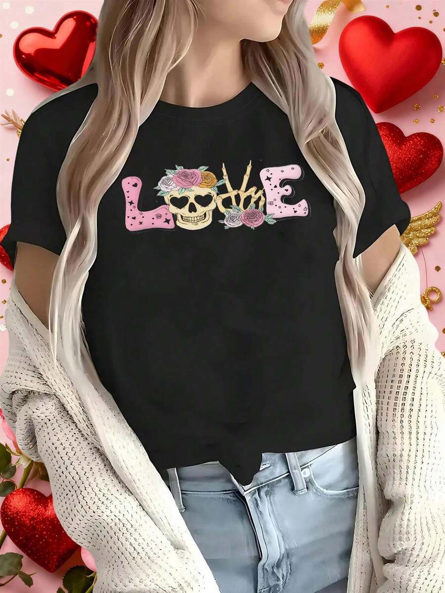 Camiseta Gótica Romántica para Mujer con Estampado de Calaveras y la Palabra LOVE en Rosa y Negro - Cuello Redondo Vintage, Manga Corta, para el Día de San Valentín, Ropa Casual de Primavera/Verano | Diseño exquisito |   Suelto y cómodo |   Fácil de combinar | - Negro - Ver 1