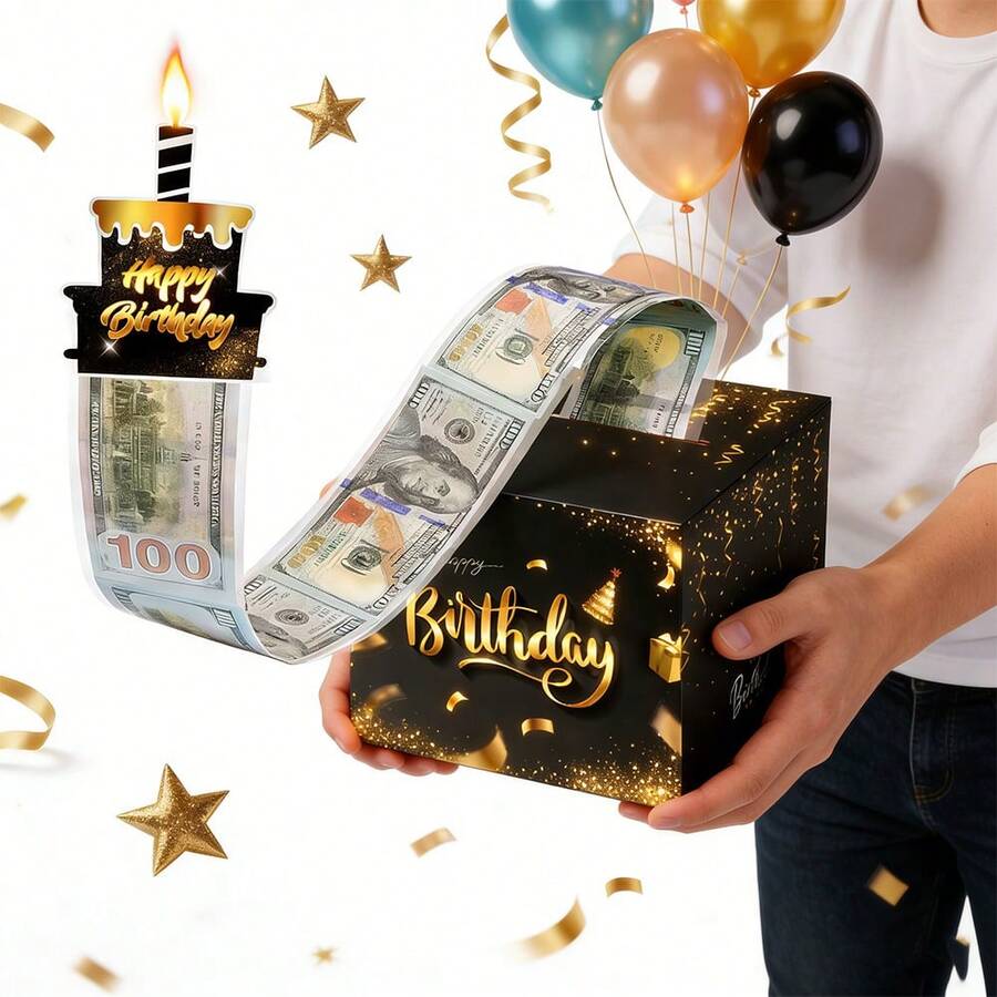 Happy Birthday Black & Gold Deluxe Surprise Gift Box, Includes 30 Transparent Bags, Pull-Out Cash Gift Box, Fun Birthday Surprise Gift Suitable For All Ages - View 1