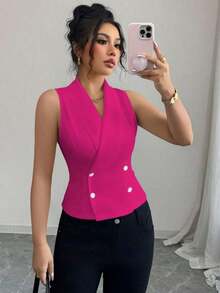 Camisa sin mangas elegante y de moda para mujer, cuello redondo, bolsillo con botones delanteros, cintura ceñida, abertura lateral, detalles de cuello, puños y bajo en color blanco y negro - Rosa Fucsia - Ver 4