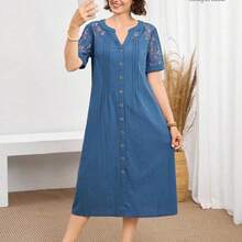 guang zhou mi qian shang mao  Vestido casual diario de encaje y parches para mujer, primavera y verano - Amarillo - Ver 2