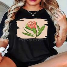1 pieza de playera  para hombre y mujer, 100% algodón puro, cuello redondo casual con estampado, manga corta transpirable para uso diario, color beige, estampado de flores blancas y hojas verdes - Negro - Ver 2