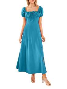 Women's Summer Long Dress Solid Color Short Sleeve Square Neck Ruched Tie Up Party Dress - Lake Blue - View 2