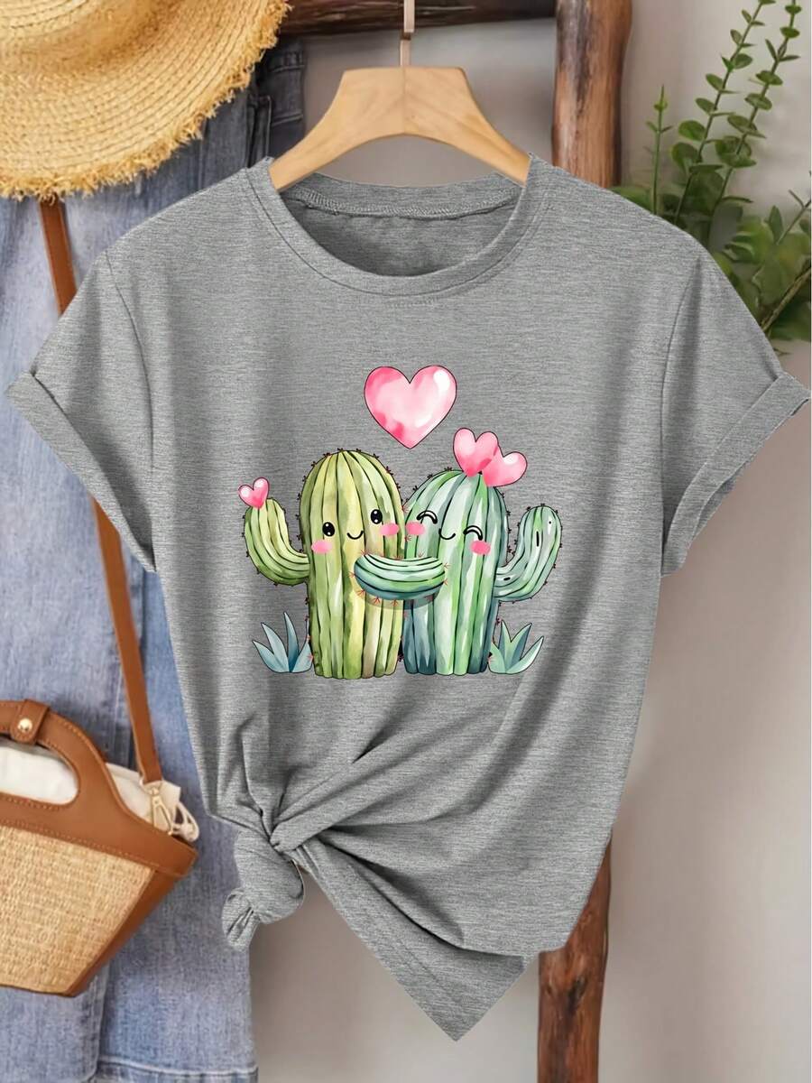 Women's Short-Sleeved T-Shirt, Elegant Style, With Heart And Cactus Print, Round Neck, Ideal For Spring, Summer, Autumn, Fashion, Daily Travel, Versatile, Casual, Elegant, Retro Style, Available In Sizes S-XXL - 淺灰色 - 查看 1