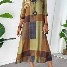 YijiaNvz  Vestido informal midi holgado con estampado de bloques de color y mangas 3/4 para mujer, atuendo maxi para mujer - Rojo - Ver 4