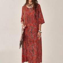 YijiaNvz  Vestido informal midi holgado con estampado de bloques de color y mangas 3/4 para mujer, atuendo maxi para mujer - Rojo - Ver 1