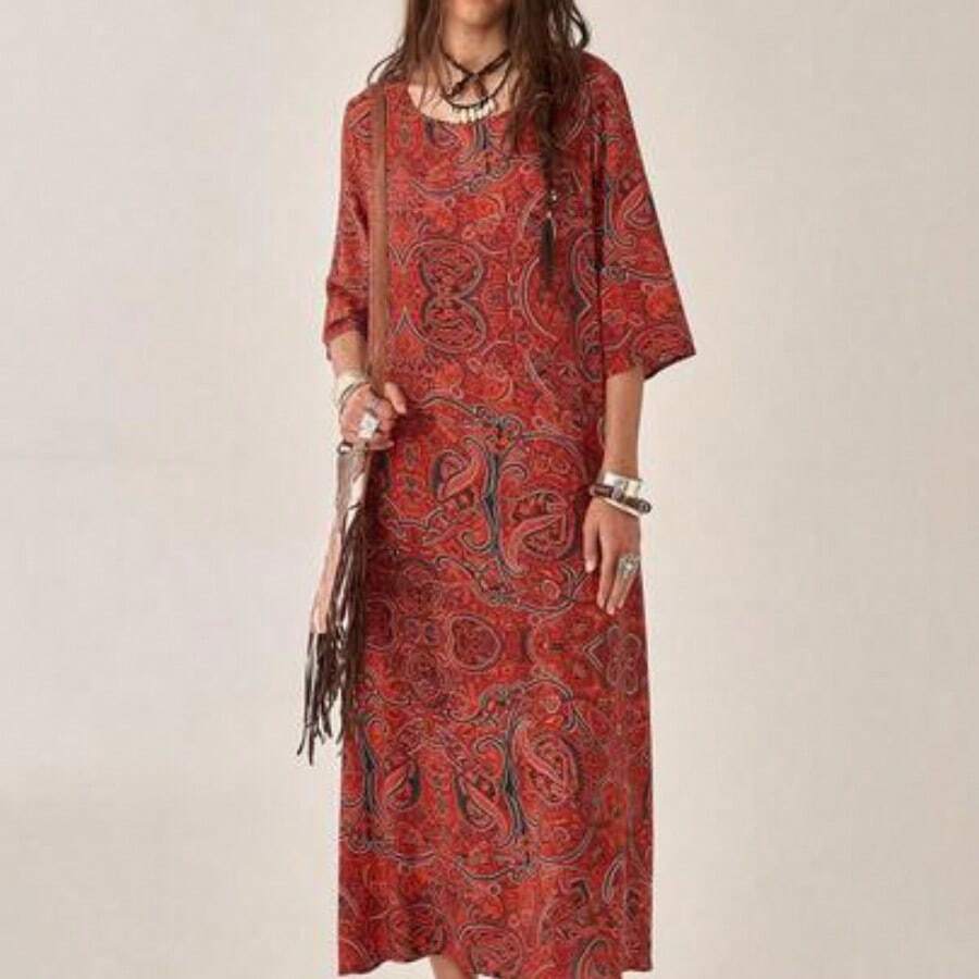 YijiaNvz Vestido informal midi holgado con estampado de bloques de color y mangas 3/4 para mujer, atuendo maxi para mujer - Rojo - Ver 1