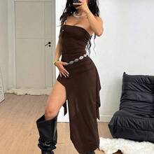guang zhou mi qian shang mao  Vestido asimétrico sin mangas para mujer, estilo callejero de verano, Y2K, club, sexy, concierto, festival de música - Caqui - Ver 6