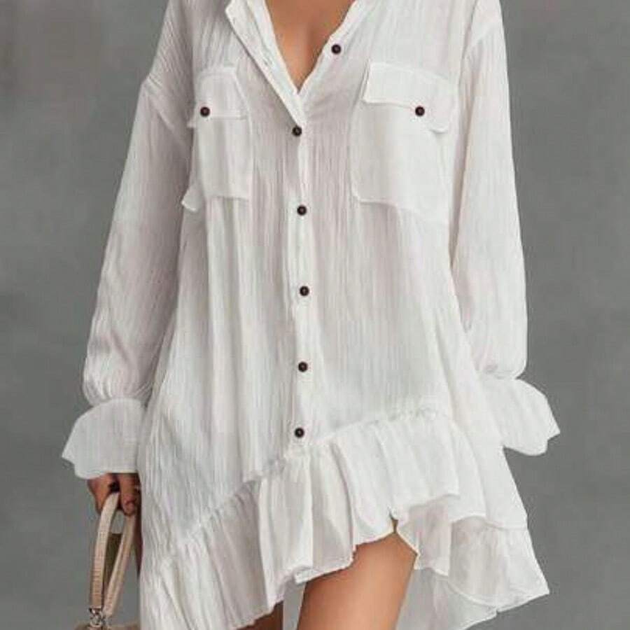 guang zhou mi qian shang mao  Nuevo vestido elegante y cómodo con botones delanteros y volantes en el bajo, para primavera/verano - Blanco - Ver 1