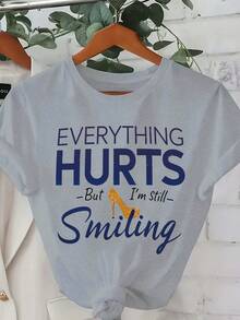 Talla Grande, Camiseta Casual de Moda Estampada para Mujer 0-8XL, Capa Base de , Uso Diario, Personalidad, Todo el Año, Ajuste Cómodo, Letras, Divertida Camiseta de Mujer "Todo Me Duele, Tengo Hambre", Cuello Redondo Manga Corta, Verano Mezcla de Poliéster, Camiseta de Ajuste Regular con - Gris Espacial - Ver 1