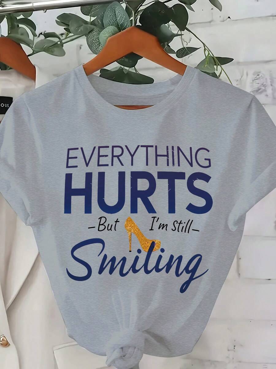Talla Grande, Camiseta Casual de Moda Estampada para Mujer 0-8XL, Capa Base de , Uso Diario, Personalidad, Todo el Año, Ajuste Cómodo, Letras, Divertida Camiseta de Mujer "Todo Me Duele, Tengo Hambre", Cuello Redondo Manga Corta, Verano Mezcla de Poliéster, Camiseta de Ajuste Regular con - Gris Espacial - Ver 1