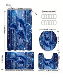 1/3/4 Peças Conjunto de Banheiro com Decoração de Diamante e Golfinho Azul, Decoração para Casa, Cortina de Chuveiro, Conjunto de Acessórios de Banheiro, Inclui Cortina de Chuveiro e Tapete de Banho. Múltiplos Tamanhos de Cortina de Chuveiro (72"X72", 35,4"X72", 47,2"X72", 59"X72") e Conjuntos Combinados, Feitos de Poliéster Resistente à Mofo e à Descoloração. - golfinho - Visão 15
