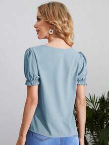 Blusa verde con cuello de ojo de cerradura y manga abullonada, blusas de manga corta - Azul - Ver 2