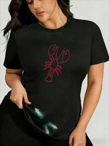 Camiseta de mujer de algodón manga corta cuello redondo estampado langosta moda urbana para México temporada cálida - Negro - Ver 7
