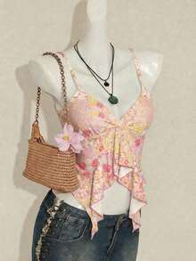 Top informal de tirantes con escote en V, dobladillo con volantes y estampado floral rosa para vacaciones' - Multicolor 3 - Ver 6